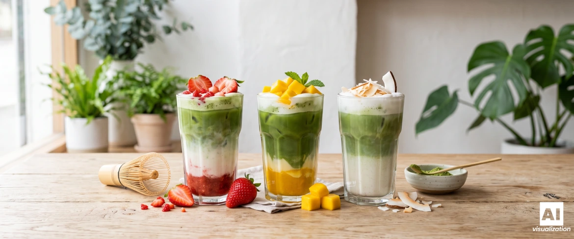 Matcha lattes coloridos e em camadas, com morango, manga e coco, servidos em copos.