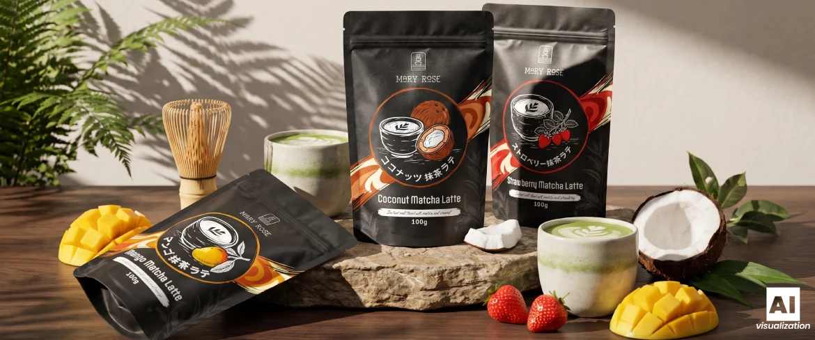 Produtos Mary Rose de matcha latte em três sabores, acompanhados de uma bebida, fruta e um batedor de bambu.