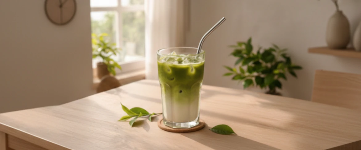 Como fazer matcha latte frio – matcha gelado com leite e cubos de gelo