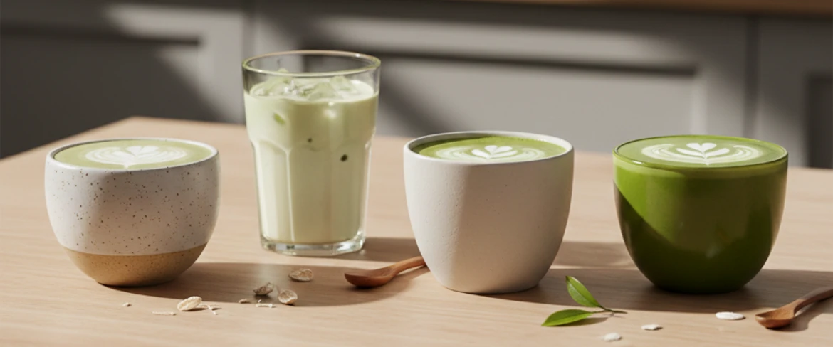 Matcha latte com diferentes tipos de leite – aveia, coco e amêndoa