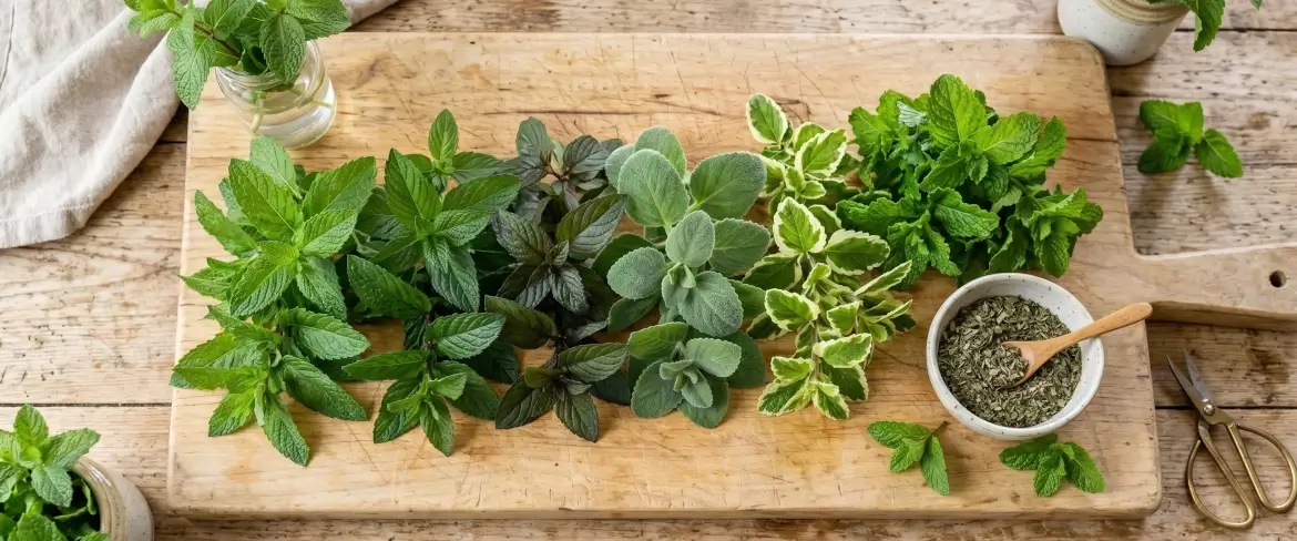 Uma tábua de cortar de cozinha com diferentes variedades de hortelã