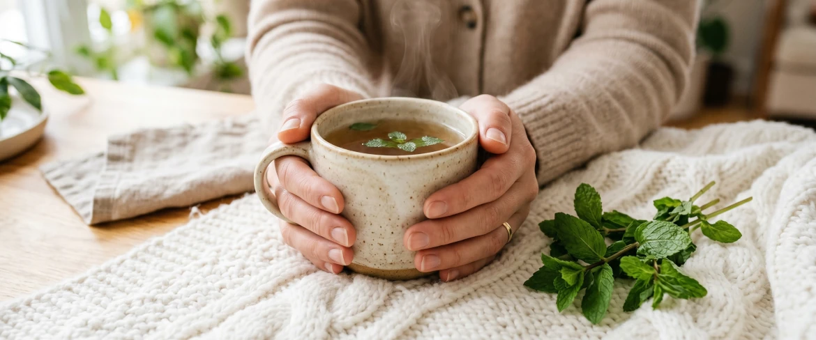 Uma pessoa a aquecer as mãos com uma infusão quente de hortelã, ilustrando na perfeição os efeitos relaxantes do chá de hortelã