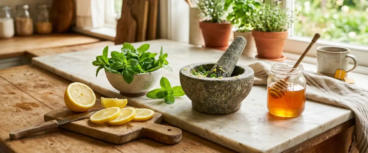 Hortelã fresca, limões e mel num ambiente de cozinha, mostrando para que serve a hortelã durante uma infeção
