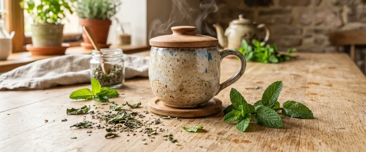 Infusão de ervas de hortelã a repousar, tapada
