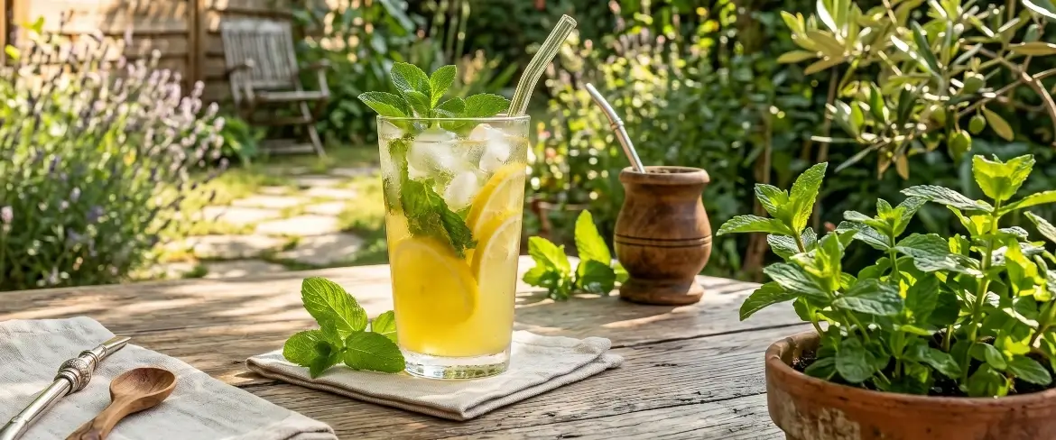 Uma refrescante limonada gelada com gelo ao lado de um cuenco tradicional de erva-mate – o que fazer com a hortelã no verão
