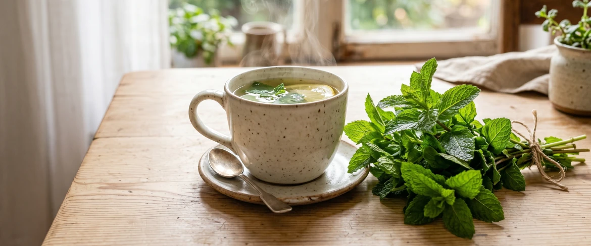 Uma chávena leve com uma infusão quente de hortelã e uma rodela de limão