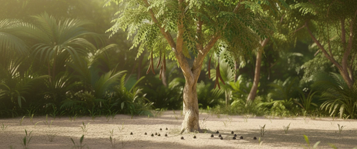 Folhas da árvore de moringa sob a luz solar tropical – cultivo natural da moringa