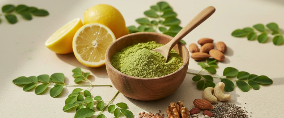 Pó de moringa e folhas de moringa – ricos em nutrientes e antioxidantes