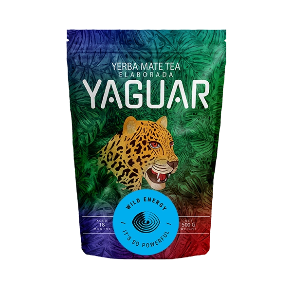 Yerba mate argentina forte «Yaguar Wild Energy» numa embalagem doypack.