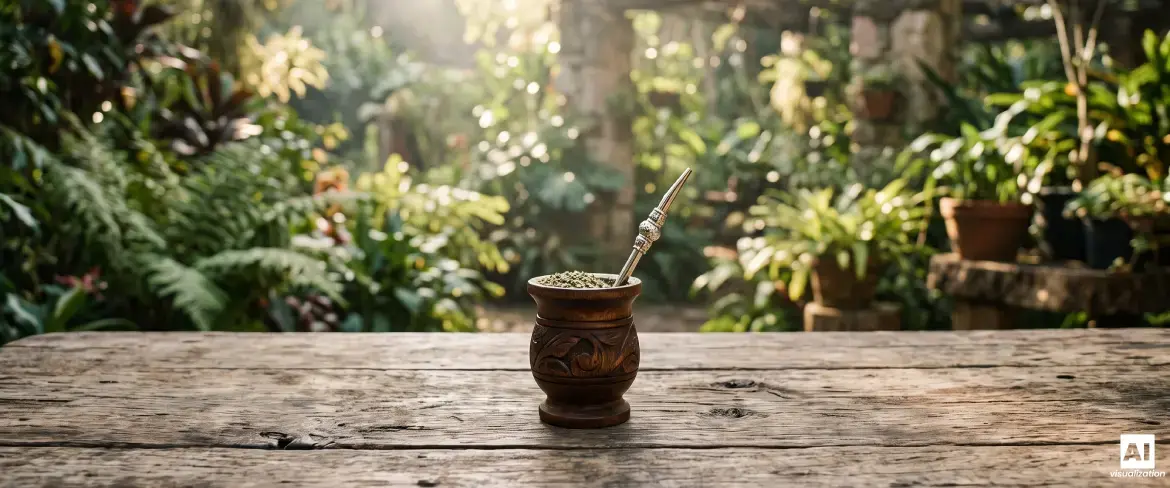 Cabaça de mate em madeira com erva-mate forte e uma bombilha, com folhagem verde ao fundo.