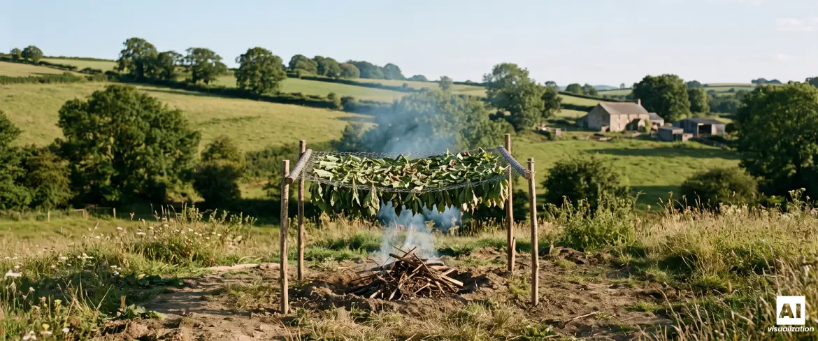 Secagem das folhas de erva-mate sobre o fogo, utilizando o método do barbacuá, no campo.