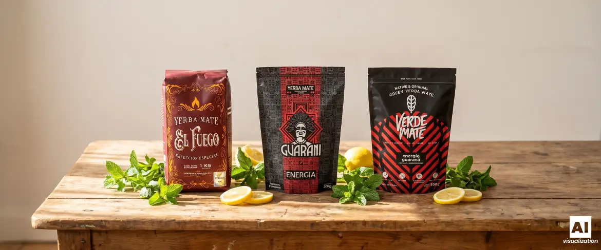 Três variedades de erva-mate forte com guaraná e folhas secas ao fumo, sobre uma mesa de madeira.