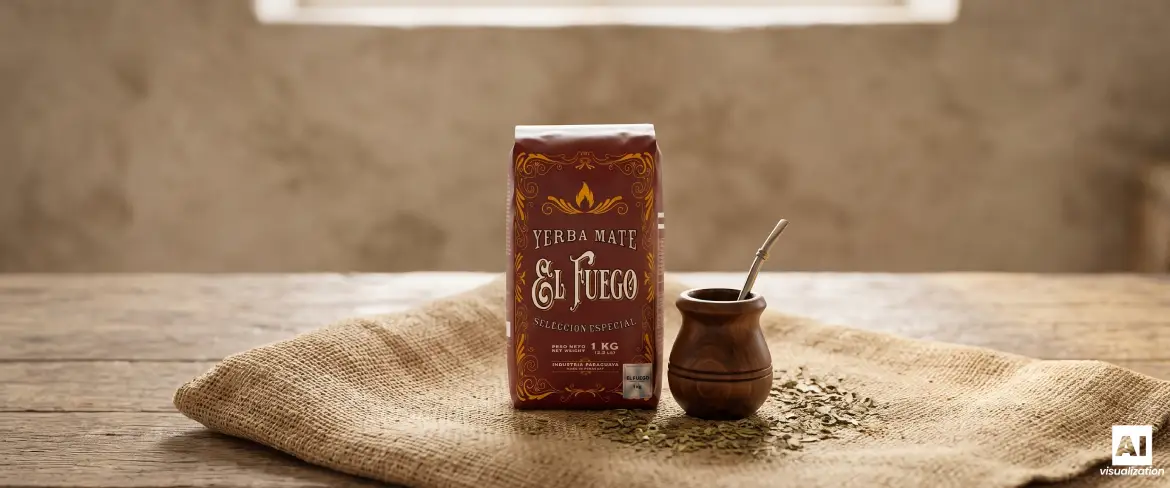 El Fuego Elaborada 1 kg e uma cuia de mate com erva-mate, embrulhada num pano tradicional de juta.