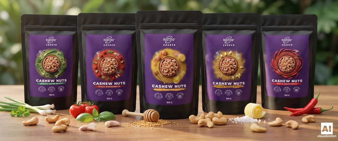 Cinco embalagens de castanhas de caju torradas Nustino Crunch com ingredientes aromatizantes.