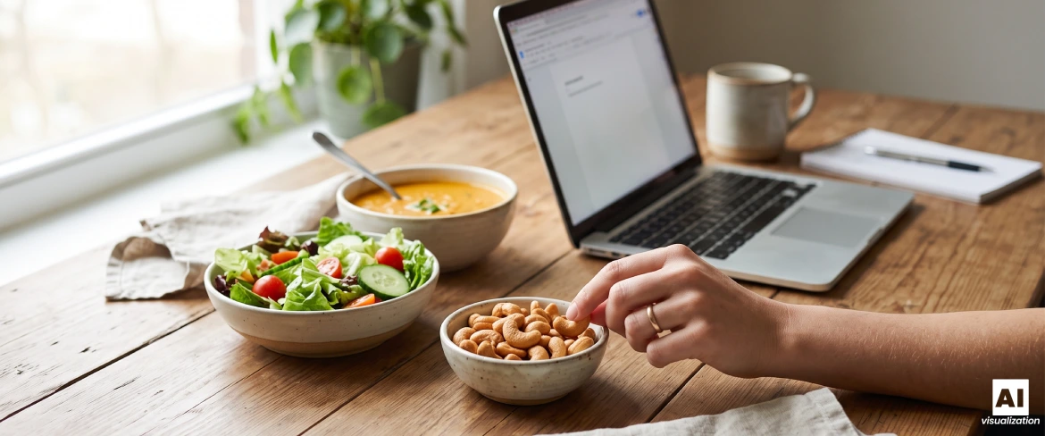 Castanhas de caju torradas numa taça, ao lado de uma salada, de uma sopa e de um computador portátil.