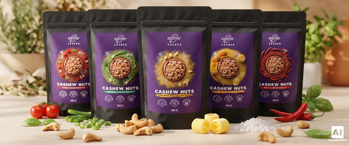 Cinco variedades de sabor das castanhas de caju torradas Nustino Crunch.