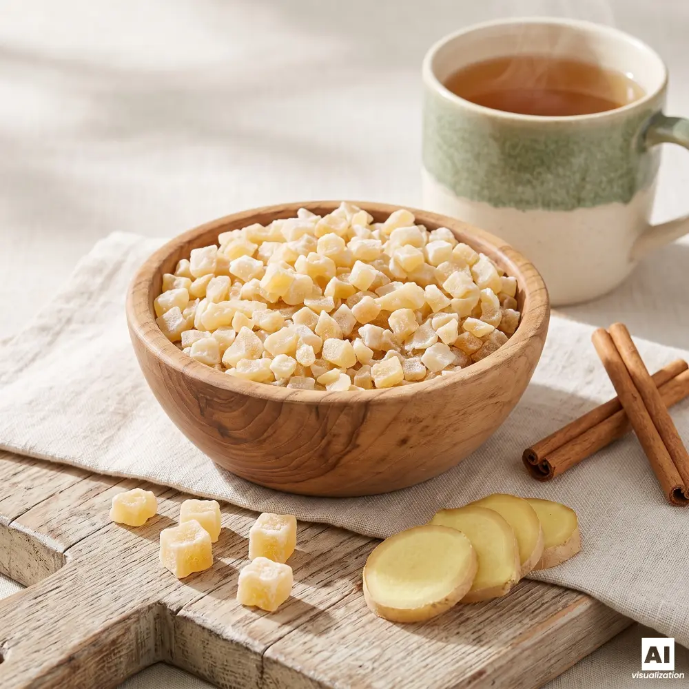 Uma taça de madeira com pedaços de gengibre cristalizado ao lado de uma chávena de chá, canela e fatias de gengibre fresco.