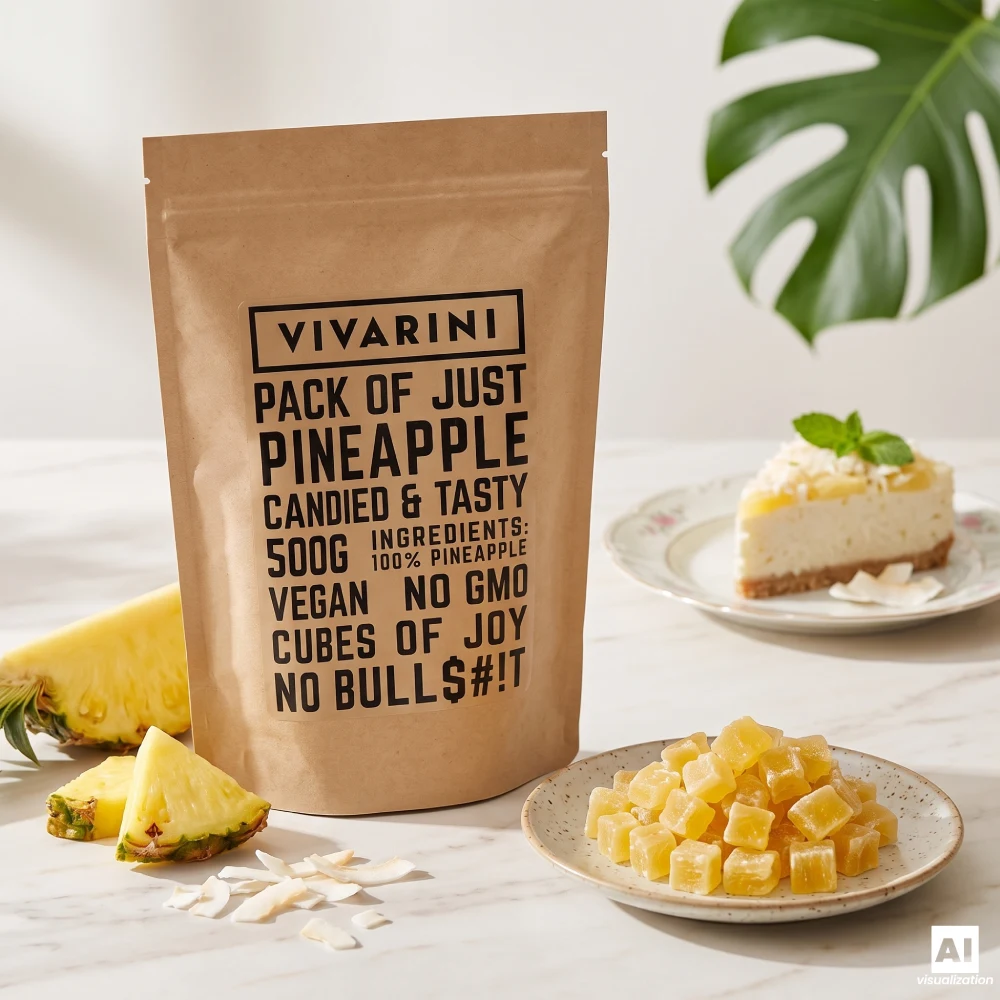 Uma embalagem tipo «doypack» de ananás cristalizado da Vivarini ao lado de um cheesecake de coco e de fatias de ananás fresco sobre uma bancada.