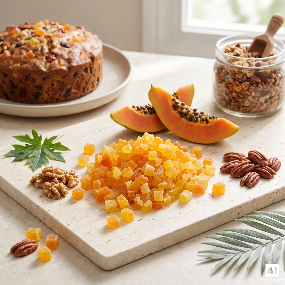 Pedaços de papaia cristalizada ao lado de um bolo de frutas, um frasco de granola caseira, frutos secos e papaia fresca e madura.