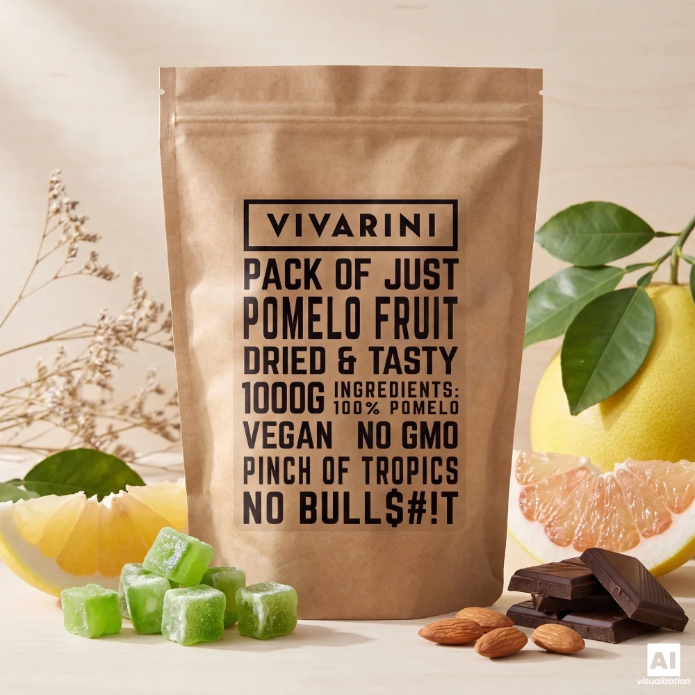 Uma embalagem de pomelo cristalizado da Vivarini ao lado de citrinos frescos, chocolate preto e amêndoas.