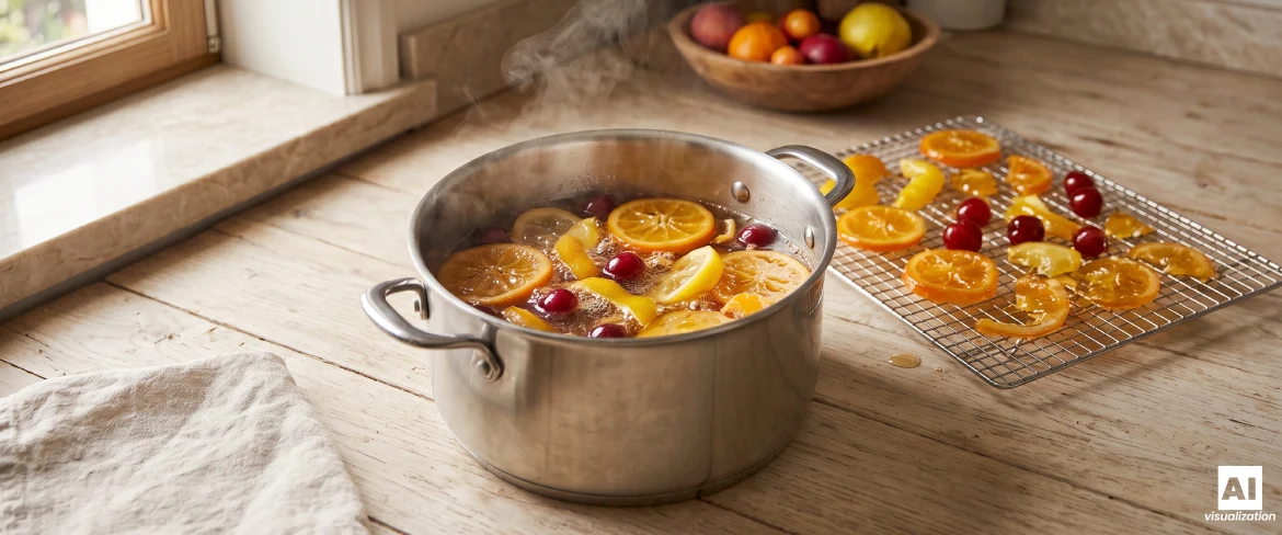 Laranjas e arandos cozidos em calda de açúcar durante o processo de cristalização da fruta, com a fruta a secar numa grelha ao lado deles.