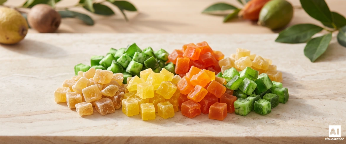Cubos coloridos de fruta cristalizada – ananás, papaia e pomelo – dispostos sobre uma bancada de cozinha de pedra clara.