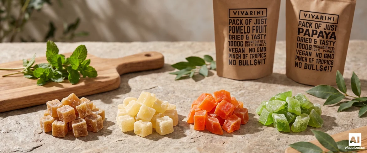 Cubos de fruta cristalizada ao lado de embalagens doypack de pomelo cristalizado e papaia cristalizada da marca Vivarini, sobre uma bancada de pedra.