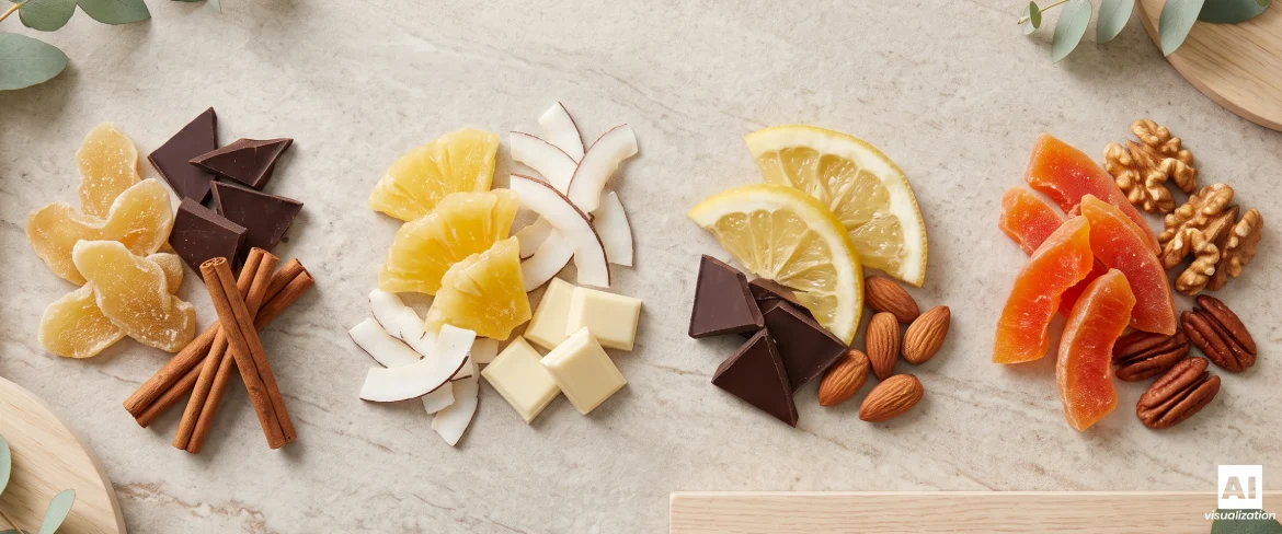 Sugestões de combinações de sabores de fruta cristalizada com chocolate, frutos secos, coco e especiarias quentes.