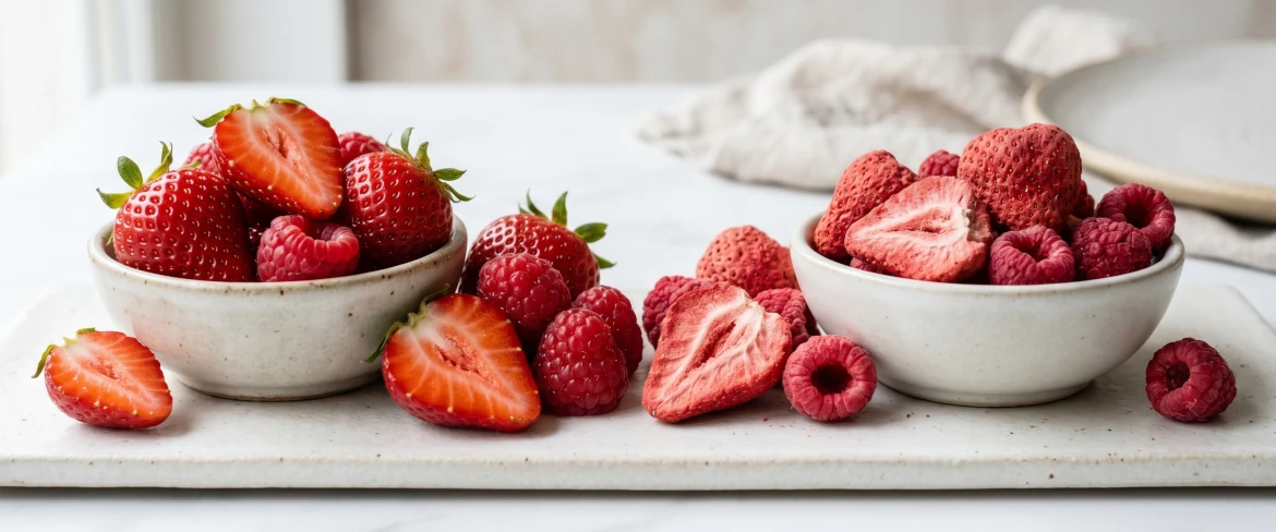 Morangos e framboesas liofilizados em comparação com fruta fresca