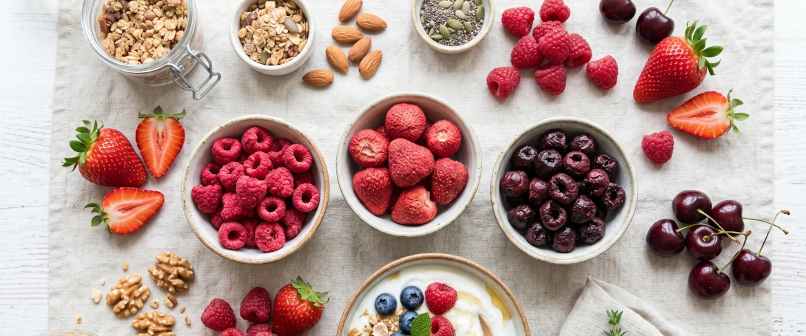 Fruta liofilizada em taças – morangos liofilizados, framboesas liofilizadas e cerejas liofilizadas