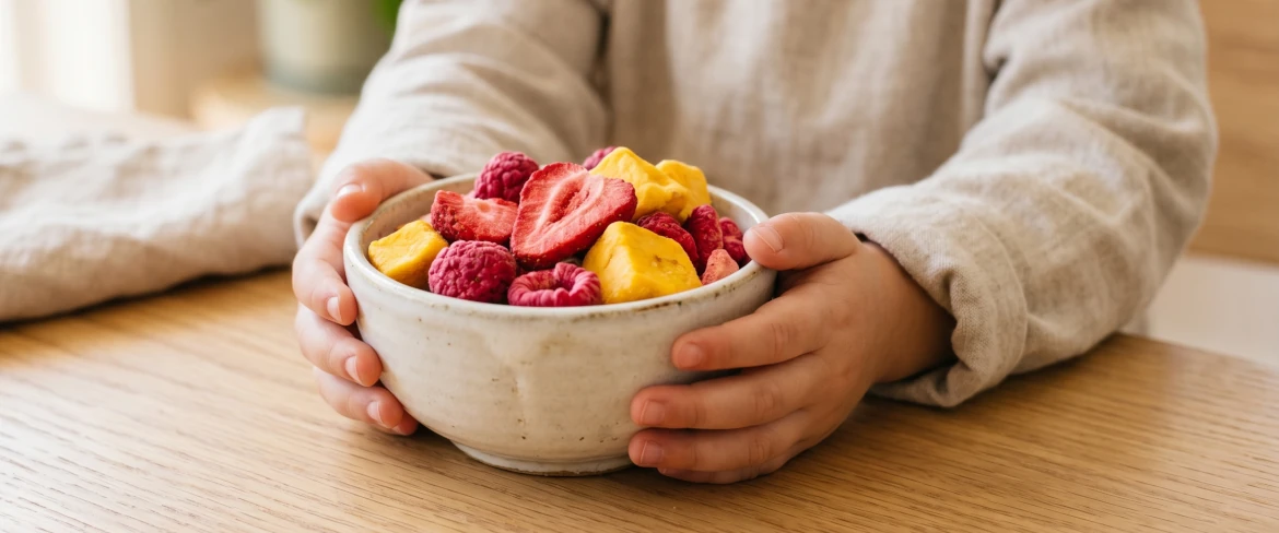 Fruta liofilizada para crianças – um lanche saudável numa taça