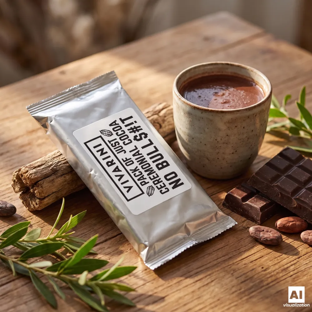Cacau cerimonial Vivarini Criollo numa embalagem prateada, ao lado de uma chávena de chocolate quente.