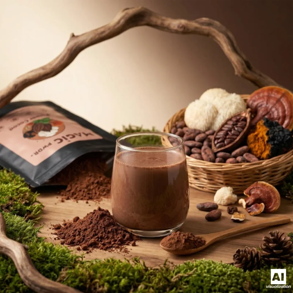 Magic Pwdr Power Cocoa, ou seja, cacau com extratos de cogumelos, ao lado de uma chávena de chocolate quente.