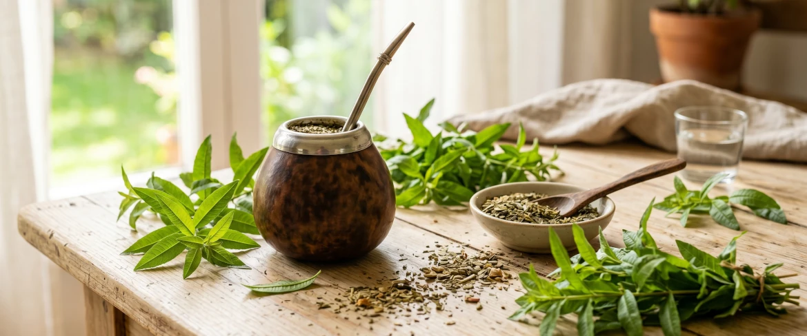 Cabaça de erva-mate rodeada de ervas aromáticas. Descubra a que pratos se pode adicionar a verbena-limão.