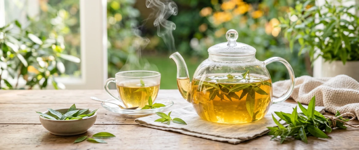Infusão quente de verbena-limão num bule de vidro.