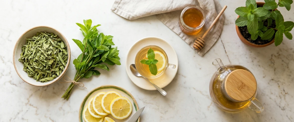 Ingredientes para o chá de verbena-limão, dispostos numa vista de cima para baixo.