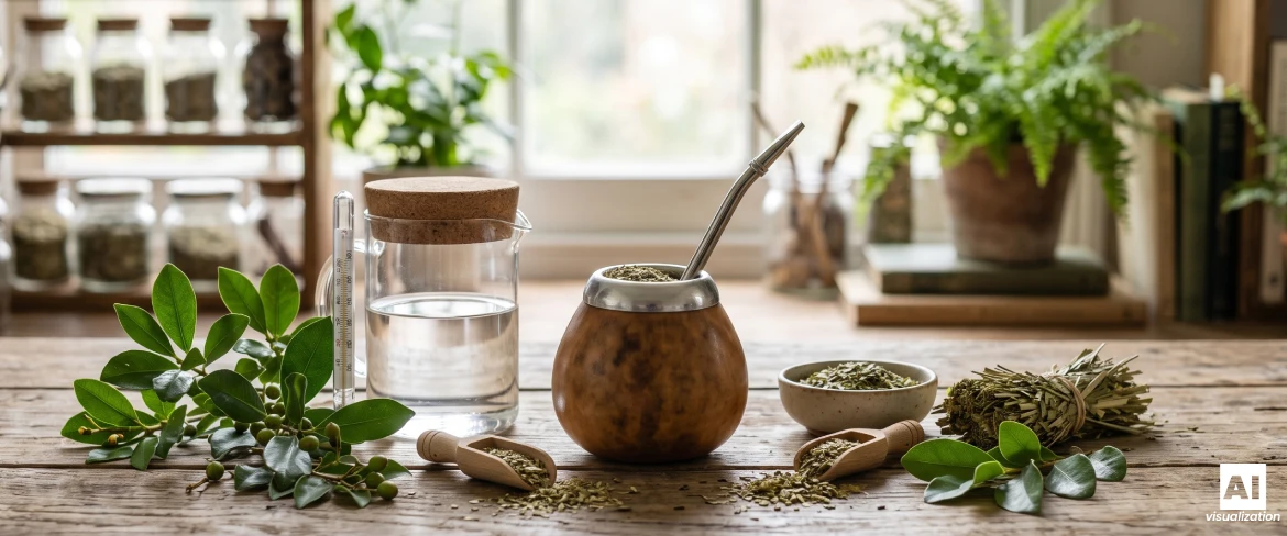 Uma cabaça de mate com erva-mate, folhas de erva-mate, erva-mate seca, água e um termómetro para preparar a infusão.
