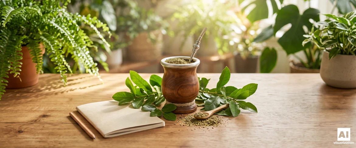 Yerba mate numa cuia de madeira, com folhas de yerba mate e um caderno sobre uma mesa.