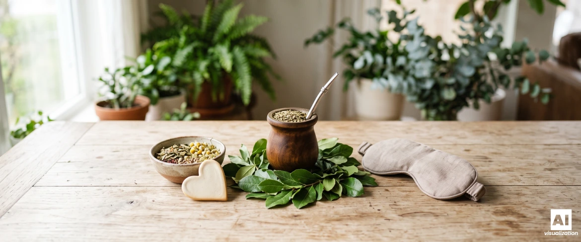 Erva-mate numa cuia de mate, rodeada por folhas, ervas e uma máscara de dormir.