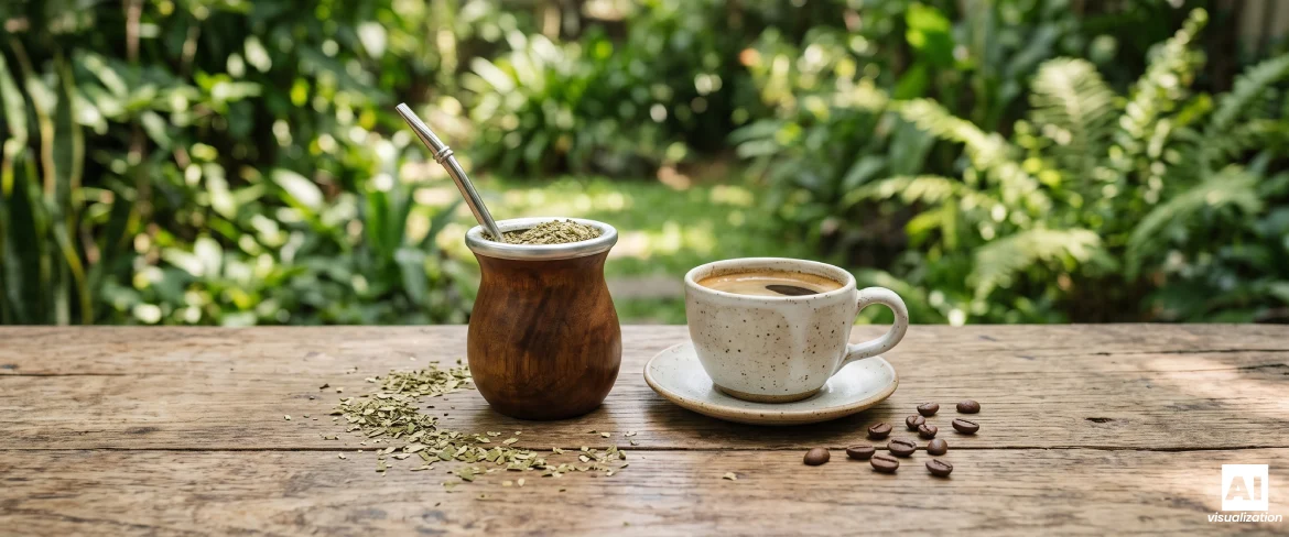 Yerba mate e uma chávena de café lado a lado numa mesa de madeira.