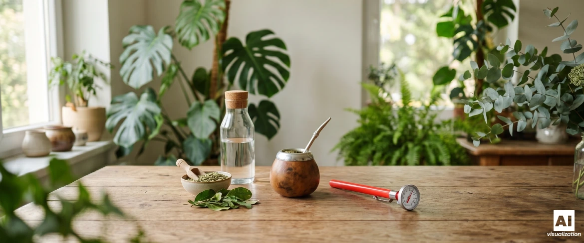 Uma cabaça de mate com erva-mate, água, erva-mate seca e um termómetro para verificar a temperatura da infusão.