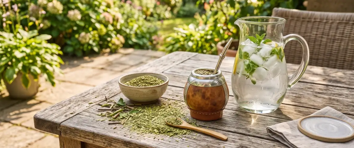 Folhas de erva-mate e um jarro de vidro com água gelada