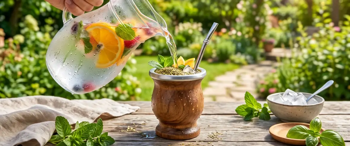 Yerba mate fria a ser misturada com sumo de fruta gelado para preparar tereré
