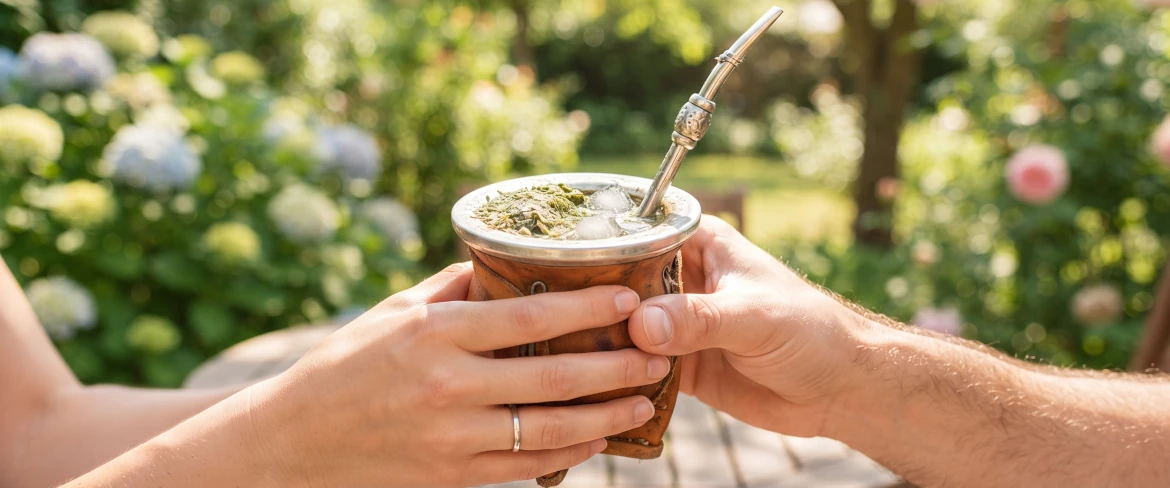Duas pessoas a partilhar uma cabaça de tereré gelado num jardim verdejante e ensolarado