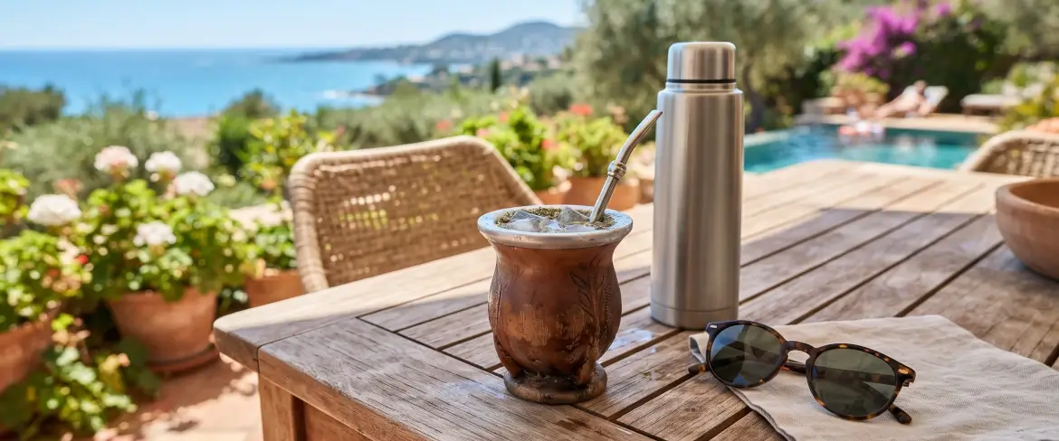Relaxamento de verão num terraço com uma garrafa térmica e um cuenco de mate