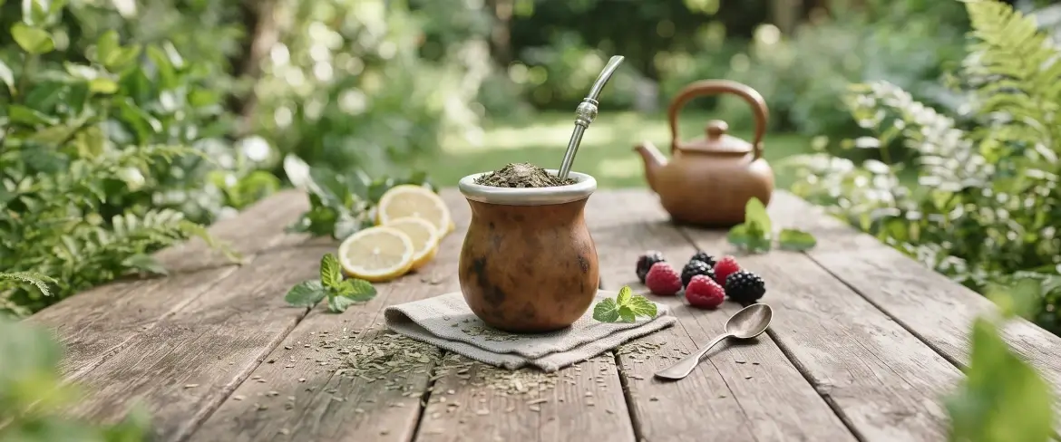 Uma cuia de mate com erva-mate sobre uma mesa de madeira, com limão e hortelã ao lado, criando um ambiente natural para a bebida.