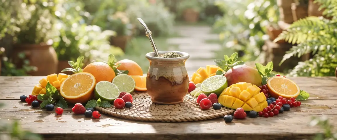 Combina a erva-mate com citrinos, manga e frutos silvestres à volta de uma cuia de mate, criando uma infusão fresca e revigorante.