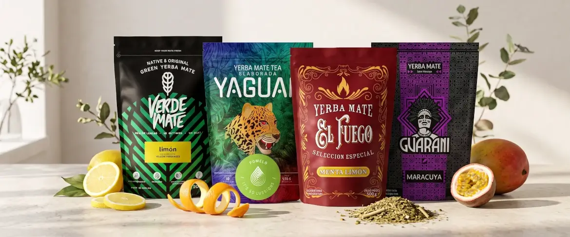 Embalagens doypack de erva-mate com diferentes sabores a fruta, incluindo erva-mate cítrica e com sabor a fruta.