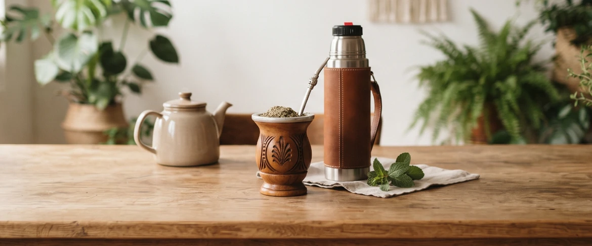 Uma cuia de mate com erva-mate, um termo e acessórios para preparar a bebida sobre uma mesa, ilustrando o ritual diário do mate.