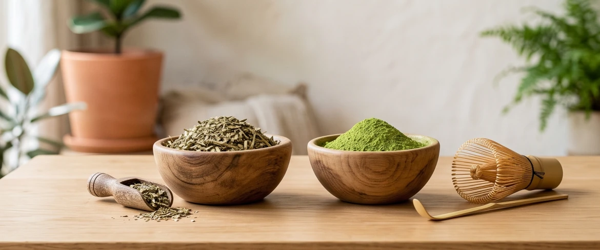 Chá verde matcha vs. erva-mate: taças de madeira com folhas secas de erva-mate e pó de matcha verde.